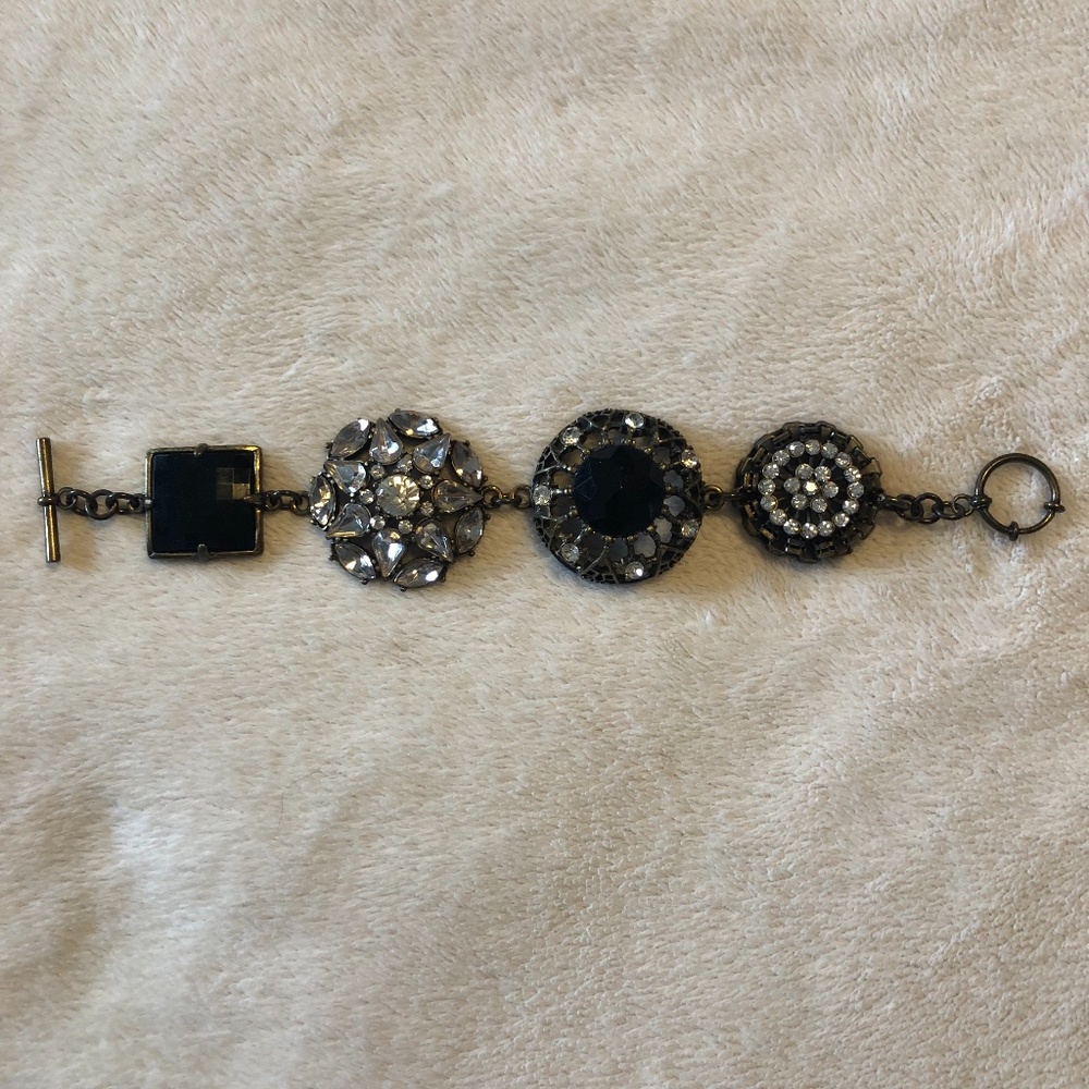 Black Crystal Statement Bracelet with Antique Gold Metal Finish